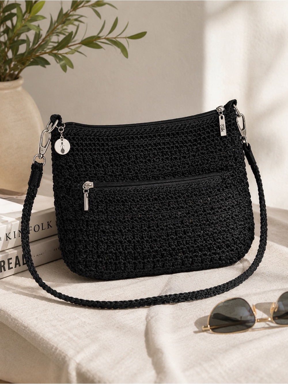 The Sak Black Crochet Shoulder Bag Boho Knit Purse Zip Pocket